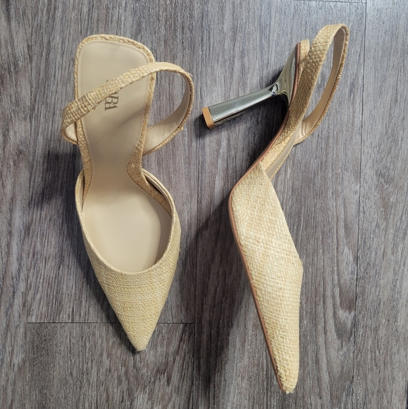 Zara Tan Raffia Straw Slingback Woven Pointed Toe Silver Fan Heel Shoes 39 US 8 - Picture 4 of 13